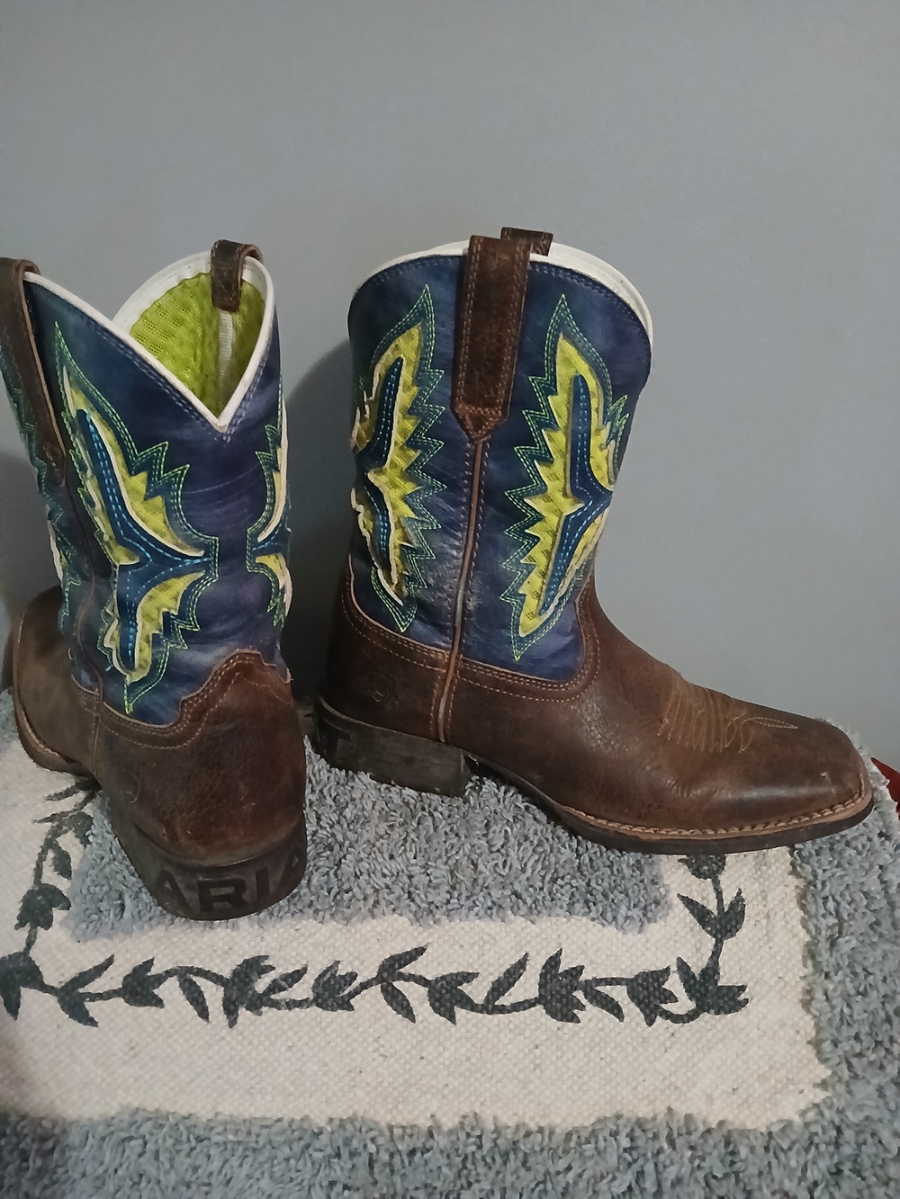 Ariat Kids Brown Leather Cowboy Boots with Blue and Lime Accents